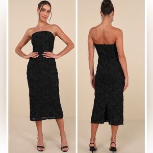 Lulus Flawless Perfection Black Floral Applique Strapless Midi Dress Size Large